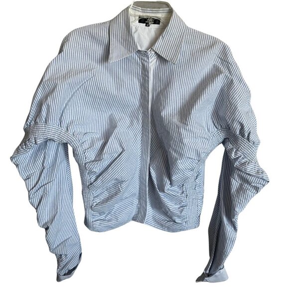 Alpha & Omega Smocked Button Down Blouse with Blue Stripes Size M - Picture 2 of 7